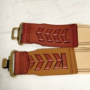 FOSSIL Leather & Tan Fabric Belt Interlock Brass Hook Stretch Women’s Chevron